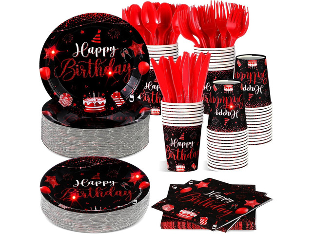 Vesici 350 Pcs Happy Birthday Party Supplies Disposable Party Tableware Set Serves 50 Included Plates Napkins Cups Cutlery for Men Woman 50th 80th...