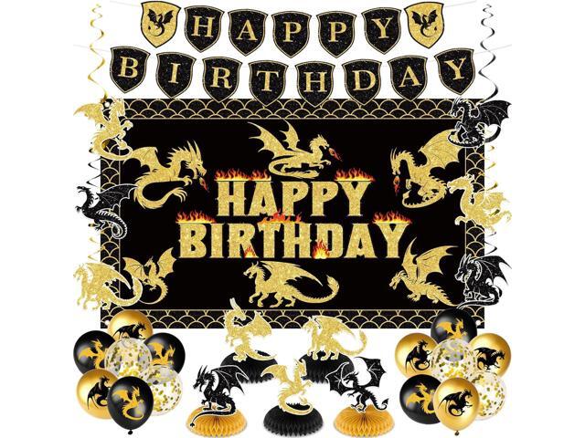 Dragon Birthday Party Decoration Black Gold Dragon Knight Party Supplies with Birthday Banner Backdrop Honeycomb Topper Hanging Swirls Balloons for...