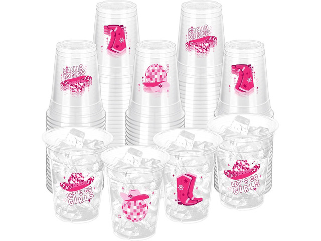 100 Pcs Pink Cowgirl Disco Plastic Cups, 12 oz Western Cowgirl Plastic Cups Clear Disposable Western Cowgirl Party Cups for Cowgirl Birthday Party...