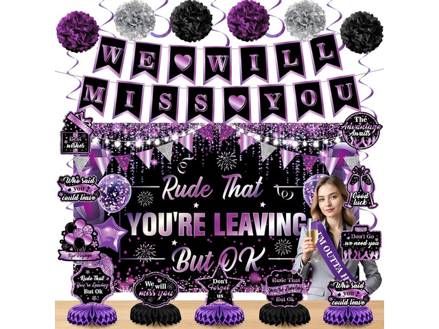 Purple Black Farewell Party Decorations We Will Miss You Rude That You're Leaving But Ok Banner Honeycomb Centerpiece Hanging Swirls for Coworker...