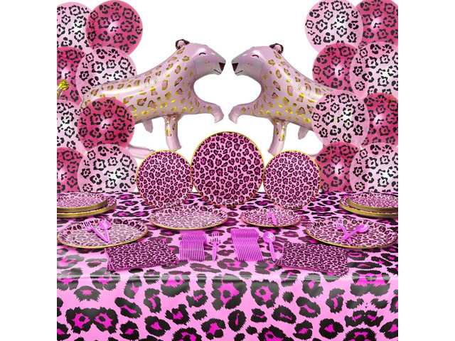 Pink Leopard Deluxe Party Supplies Pack (124 Pieces for 16 Guests) - Cheetah Party Decorations, Two Wild Birthday for Girls - Blue Orchards