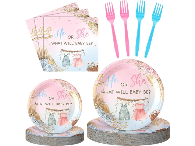Sunnyray 96 Pcs/24 Sets Boho Gender Reveal Plates Napkins Decorations Gender Reveal Baby Shower Party Supplies Baby Shower Paper Tableware Set...