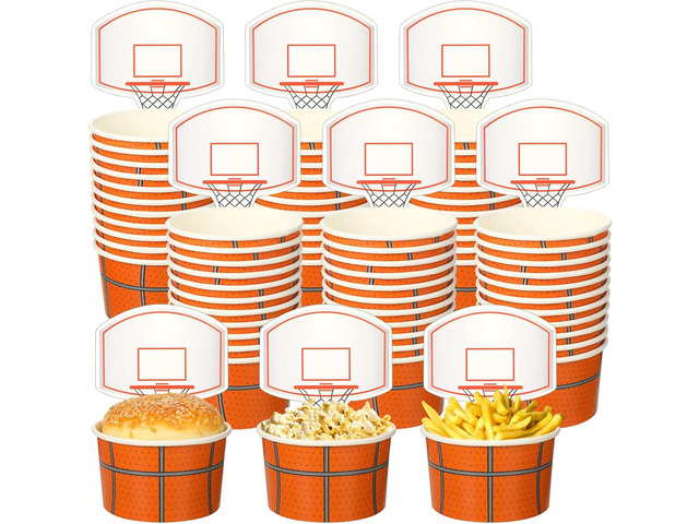 Sunnyray 48 Sets Basketball Hoop Snack Cups with Cards 8 oz Disposable Paper Basketball Party Cups Sports Balls Treat Food Bowls for Balls Birthday...