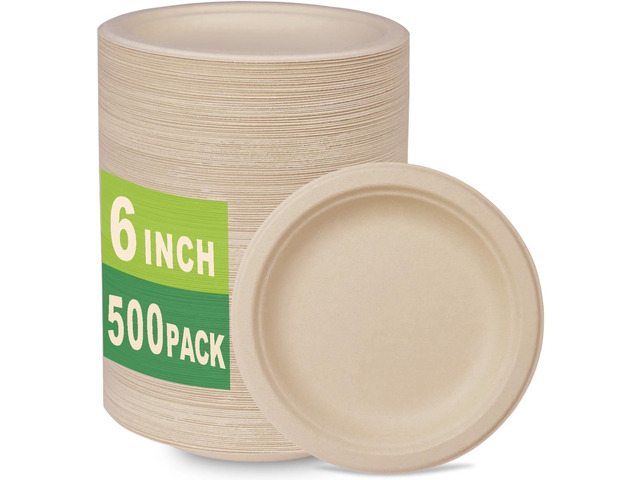 GreenWorks 500 Count 6 Small Compostable Dessert Plates, Heavy-duty Unbleached Biodegradable Bagasse and Bamboo fiber Paper Plates