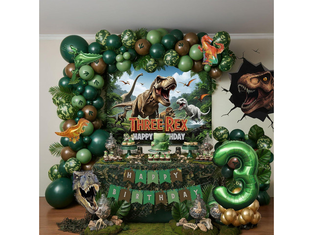 T-Rex Dinosaur Birthday Decorations include Dark Green Brown Gold balloon arch & small Dino Foil balloons & banner backdrop & footprint stickers...