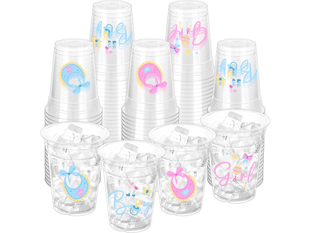 100 Pcs Gender Reveal Party Plastic Cups, 12oz Thick Clear Cup Pink and Blue Gender Reveal Party Cups Supplies for Baby Shower Party Decorations