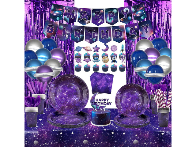Galaxy Theme Party Decorations, Space Galaxy Happy Birthday Banner, Balloons, Tablecloth, Cupcake Toppers, Foil Curtains, Plates, Cups, Napkins,...