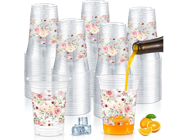 Jinei 60 Pcs Floral Plastic Cups 16 oz Spring Wedding Flower Cups Bulk Disposable Wildflower Drinking Favors for Wedding Baby Shower Birthday...