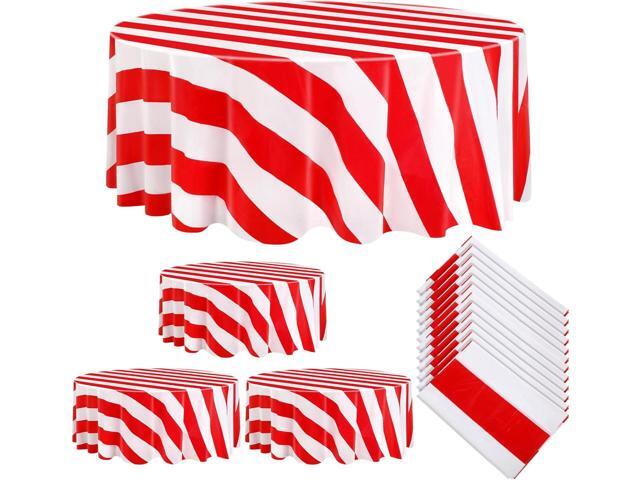 Tatuo 12 Pcs Red and White Round Circus Table Cloth 84 Inch Carnival Circus Tablecloths Striped Disposable Plastic Table Cover for Birthday Party...
