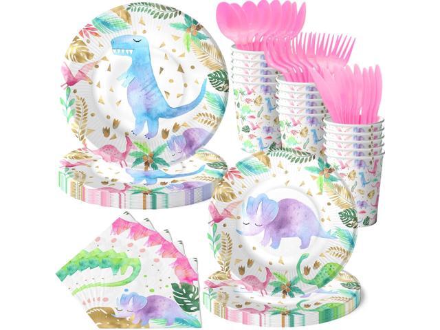 Girl Dinosaur Birthday Decorations - Serves 20 - Pink Dinosaur Birthday Plates and Napkins Set with Cups and Cutlery - Pastel Floral Girl Dinosaur...