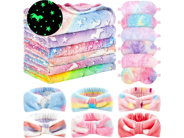 Fanfanwin 18 Pcs Sleepover Party Supplies for Girls, 6 Glow in The Dark Unicorn Blanket 6 Coral Fleece Headband 6 Plush Eye Mask Covers for...