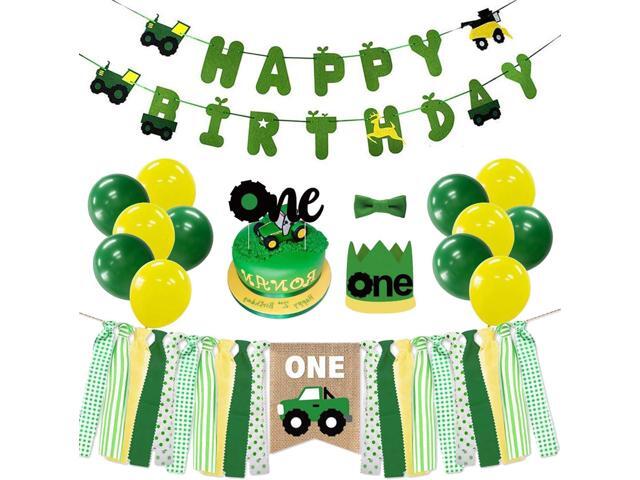 Farm Green Tractor Birthday Decorations, First Tractor Party Supplies with Birthday Banner, Highchair Garland, One Crown Hat, Tie, Cake Topper for...