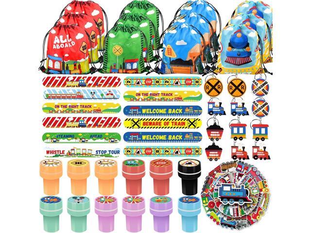 TOQI 98 Pcs Train Party Favors,Train Print Party Supplies Include Stickers Stamps Keychains Slap Bracelets and Drawstring Bags Party Decorations...