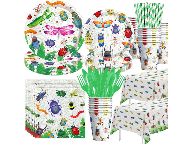 Bug Birthday Party Decorations Tableware - Bug Party Supplies, Plate, Cup, Napkin,Tablecloth, Cutlery, Spring Summer Nature Insect Theme Birthday...