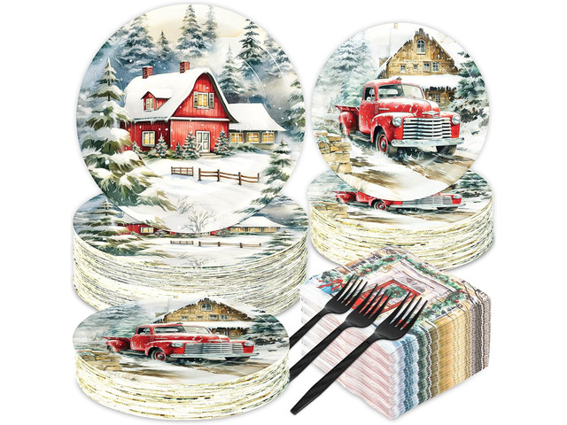 200 PCS Christmas Paper Plates and Napkins Christmas Vintage Tableware Set Farmhouse Snowy House Truck Dinnerware Set for Xmas Party Decorations...