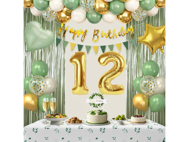 Sage Green 12th Birthday Decorations for Girls, Happy 12th Birthday Decorations for Her Green Gold Balloons Foil Balloons Happy Birthday Banner...