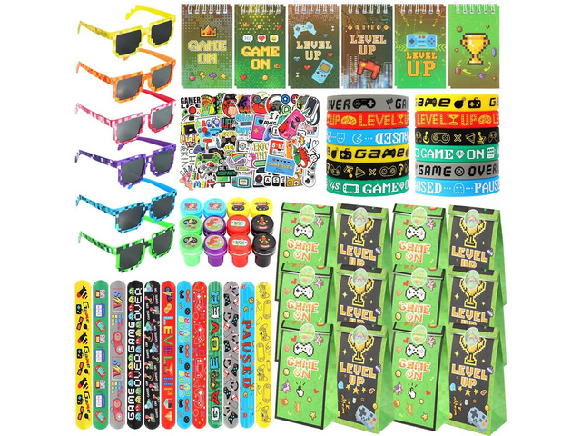 LiYiQ 122 Pcs Video Game Party Favors With Video Game Sunglasses Slap Bracelets Notebook Stamps Stickers and Gift Bag for Video Game Gamer Birthday...