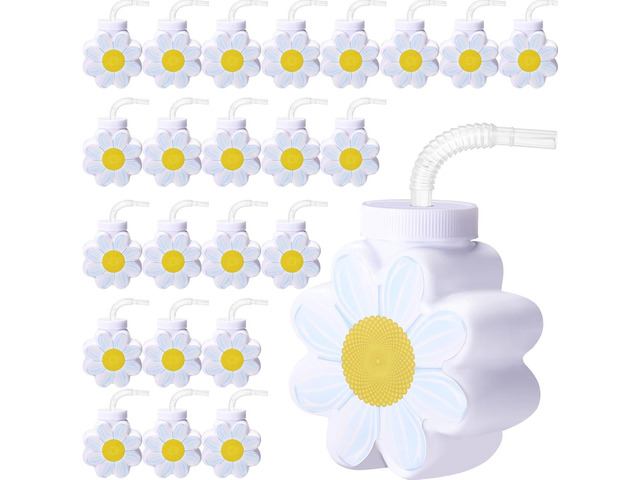 Domensi 10oz Daisy Flower Cups with Lids and Straws for Birthday, Themed Party, Wedding Baby Shower Party Decorations Supplies (24 Pcs)
