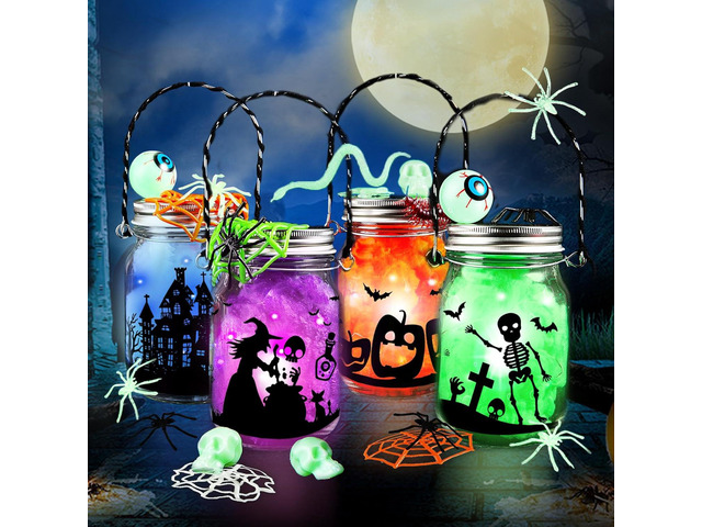 Halloween Craft Kit for Kids, 4 pcs Glass Mason Jar with Accessories for DIY Lantern Jar, Halloween Art & Craft Party Supplies for Classroom,Art...
