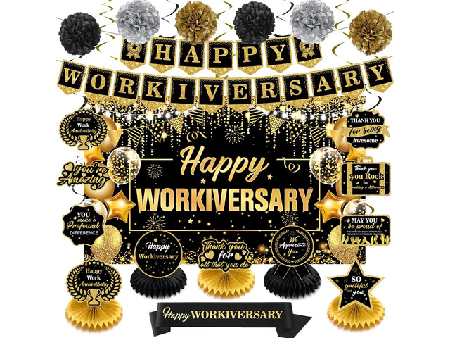 Black Gold Happy Workiversary Decorations Happy Work Anniversary Banner Honeycomb Centerpieces Hanging Swirls Tissue Paper Pompoms Sash Set for Men...