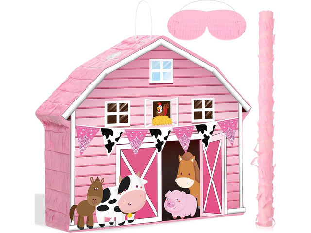 Faccito Pink Farm Piñata Bundle Fiesta Piñata Set Includes Bat Stick, Barnyard Piñata and Blindfold Mask for Farmhouse Country Kids Cinco De Mayo...