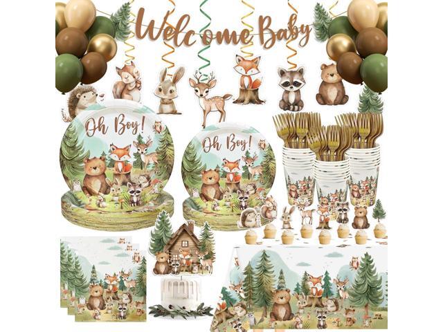 184pcs Woodland Animals Baby Shower Plates Set, Woodland Baby Shower Plates Napkins Cups Forks Tablecloth Banner Hanging Swirls Cupcake Toppers...