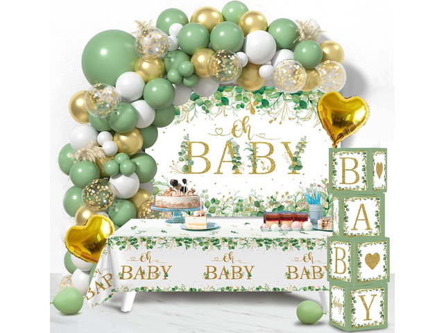 Sage Green Baby Shower Decorations for Boy Girl 106pcs Greenery Balloon Arch Kit, Baby Box,Tablecloth and Backdrop for Boho Woodland Jungle Theme...