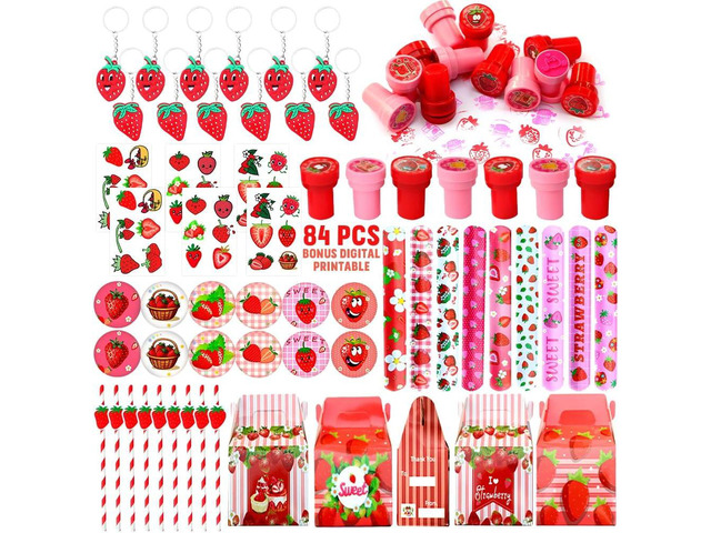 Strawberry Party Favor 84 PCS Sweet Berry Slap Treat Box Bracelets DIY Stickers Stampers Keychain Paper Straws Gift Rewards for Kids Girls Birthday...