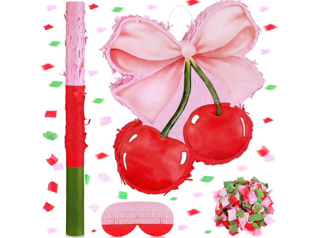 Feifeiya Coquette Pink Bow Cherry PiÃ±ata Pink Girls Party PiÃ±ata Bundle with a Blindfold, Bat and Confetti Birthday Coquette Party Supplies