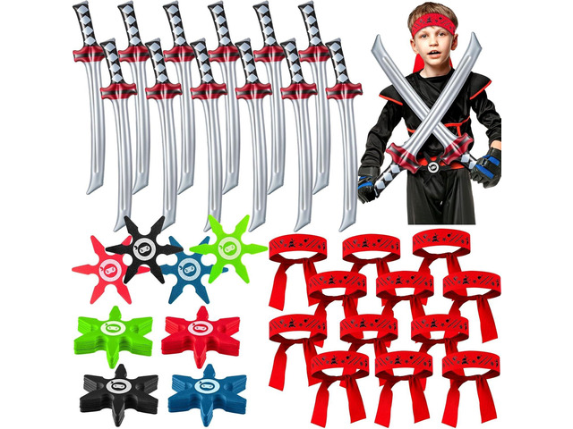 Deekin 48 Pcs Ninja Karate Party Favors Include Inflatable Sword Throwing Foam Star Toys Karate Headband for Ninja Theme Party Decoration Supplies...
