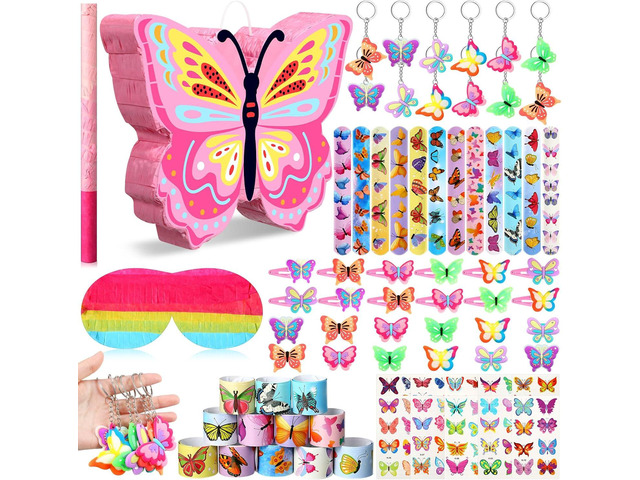 Pasimy 51 Pcs Butterfly Piñata Set Butterfly Birthday Party Supplies Piñata with Stick Blindfold Sticker Hairpin Ring Slap Bracelet Keychain Party...