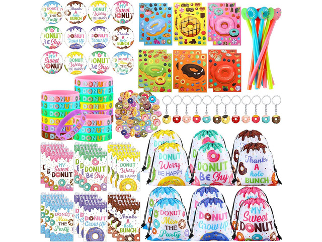 Paterr 140 Pcs Donut Party Favors Doughnut Birthday Party Decorations Candy Donut Gift Supplies Goodie Bag Keychain Sticker Wristband Mini Notebook...