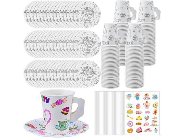 Lenwen 24 Set Color Your Own Tea Party Cups with Handle, DIY Coloring 8 oz Treat Paper Cups and Plates Snack Dessert Ice Cream Teacup Includes...