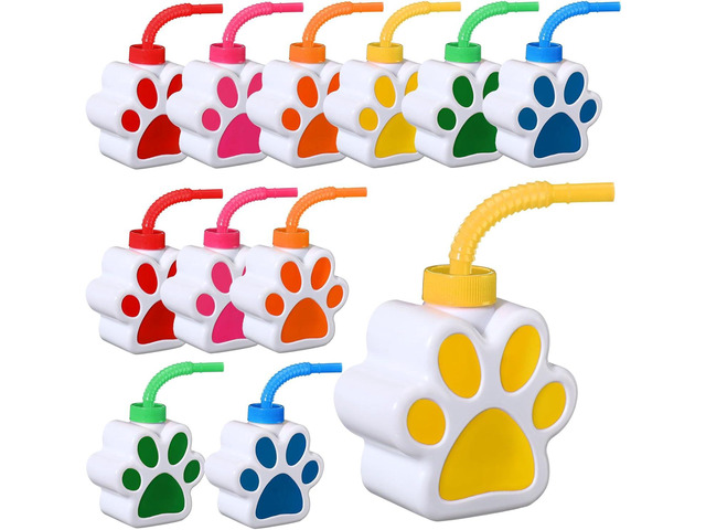 Sratte 12 Pcs 10 oz Dog Paw Cups for Kids with Straw and Lid Dog Birthday Party Decorations, Plastic Blue Paw Print Puppy Drinking Cup Bulk for...