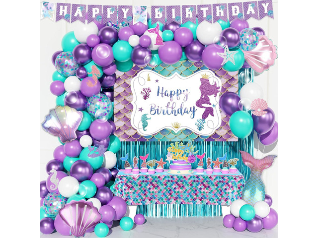 Mermaid Birthday Decorations, Mermaid Party Decorations, Purple Teal Blue Backdrop Balloon Cutout Banner Tablecloth Cake Cupcake Topper for...