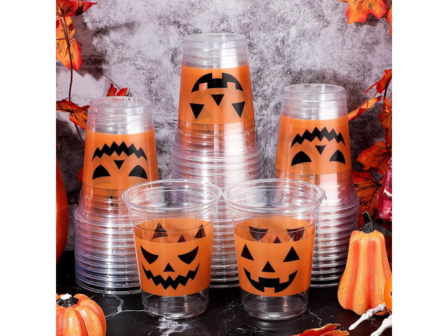 Meanplan 90 Pcs 12 oz Halloween Plastic Party Cups Disposable Clear Scary Printed Happy Halloween Cups for Liquor Coffee Juice and Hot Cold Drinks...