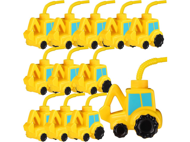Tanlade 12 Set Excavator Truck Cups with Straws, Tractor Birthday Party Decorations 10 oz Plastic Excavator Shape Cup Reusable Cups Construction...