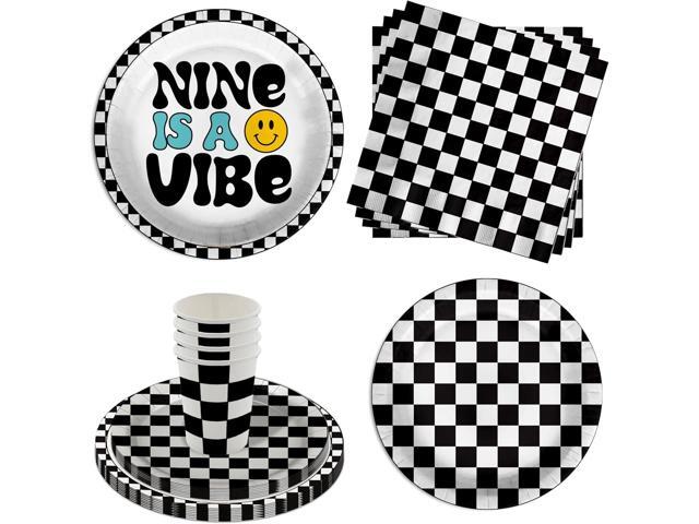 Nine is a Vibe Smiley Face 9th Birthday Party Supplies - 64 Piece Boys Ninth Birthday Tableware Set Includes Large 9' Dinner Plates and 8' Dessert...