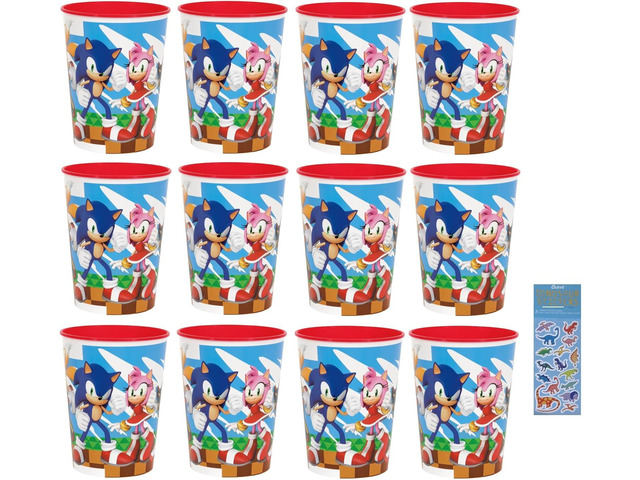 Unique Sonic the Hedgehog Birthday Party Supplies Bundle includes 12 Plastic Reusable Cups 16oz and 1 Dinosaur Sticker Sheet