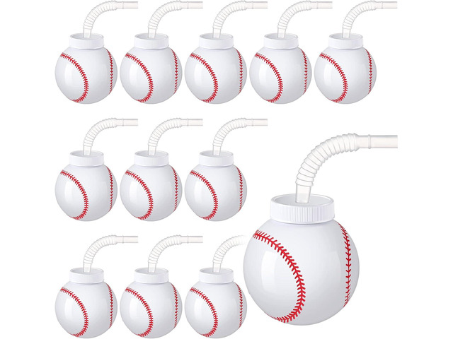 Eaasty Baseball Ball Shape Cups Bulk with Straws and Lids, 10oz Plastic Reusable Baseball Party Cups Ball Shape Party Favors for Kids Birthday...