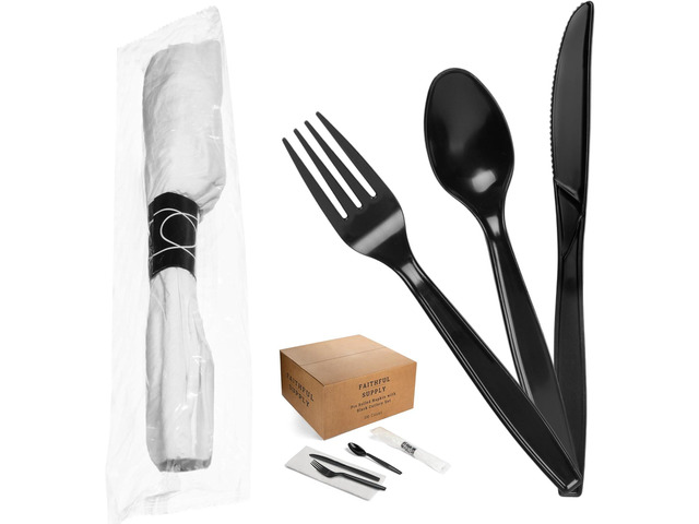 200ct Black Prewrapped Cutlery Set Disposable - Wrapped Silverware with Napkin, Pre Rolled Plastic Cutlery for Weddings & Parties, Elegant...