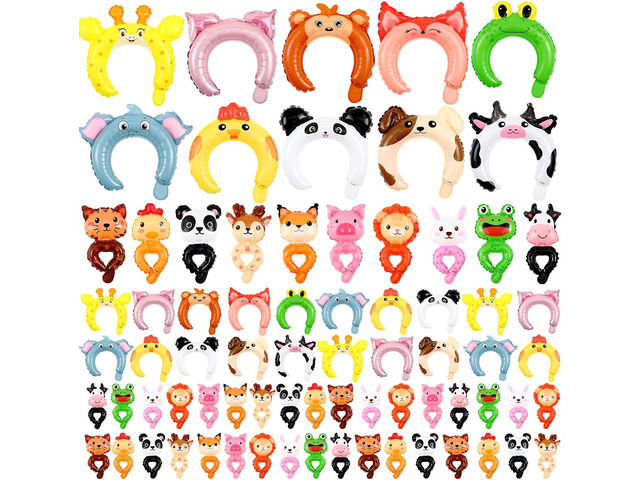 Libima 200 Pcs Zoo Animal Inflatable Party Set, Inflatable Headbands & Wrist Balloons with Manual Air Pump, Cartoon Animal Decor for Kids Birthday,...