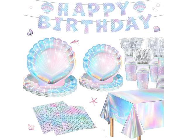 Summer Mermaid Party Supplies for Girls Baby Shower Birthday Party Under the Sea Themed Decor Iridescent Shell Plates Napkins Cups Knives Forks...