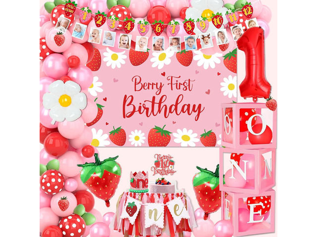 Berry First Birthday Decor, Strawberry 1st Birthday Decorations for Girls with Balloon Arch Kit Berry First Theme Balloon Boxes Crown Strawberry...