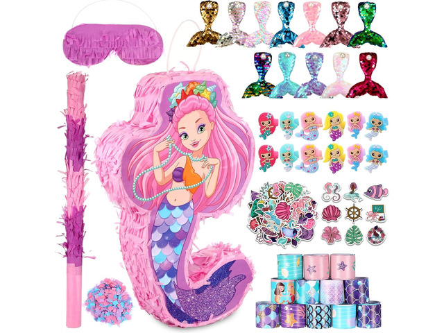 Wettarn 90 Pieces Mermaid Party Favors Includes Piñata Bundle 16 x 12 x 3 Inch,Hairpin Slap Bracelets Rings Stickers for Kids Girls Mermaid...