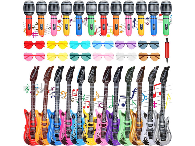 36 Pcs Inflatable Rock Star Toy Set Include 12 Inflatable Guitars 12 Microphones 12 Colorful Heart Shaped Sunglasses and 1 Inflator for Musical...