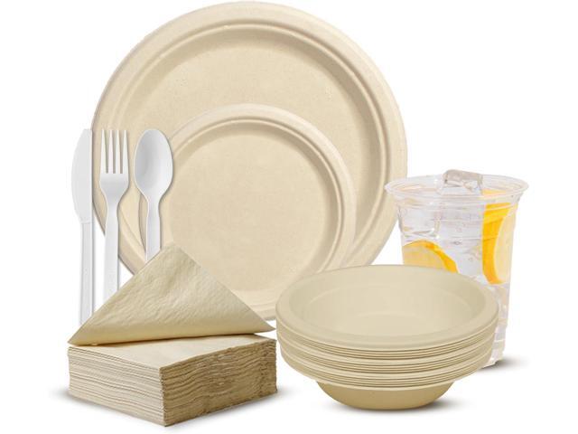 EcoSoul Disposable Paper Plates Pack of 400(for 50 guest) Compostable Sugarcane Round Plates, Bowls, Heavy-duty Utensil, Biodegradable Napkins,...