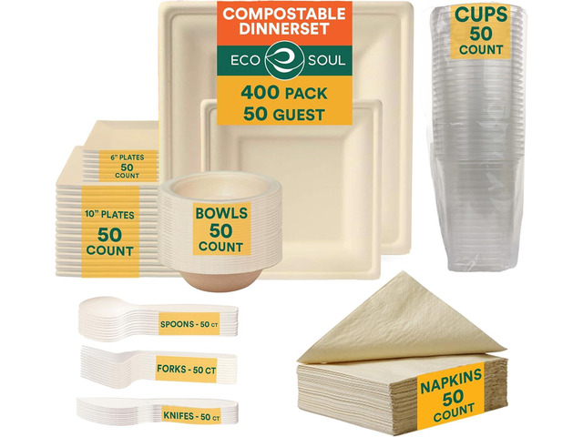 EcoSoul Disposable Paper Plates Pack of 400 (for 50 guest) Compostable Dinnerware set, Bowls, Heavy-duty Utensil, Biodegradable Napkins,...