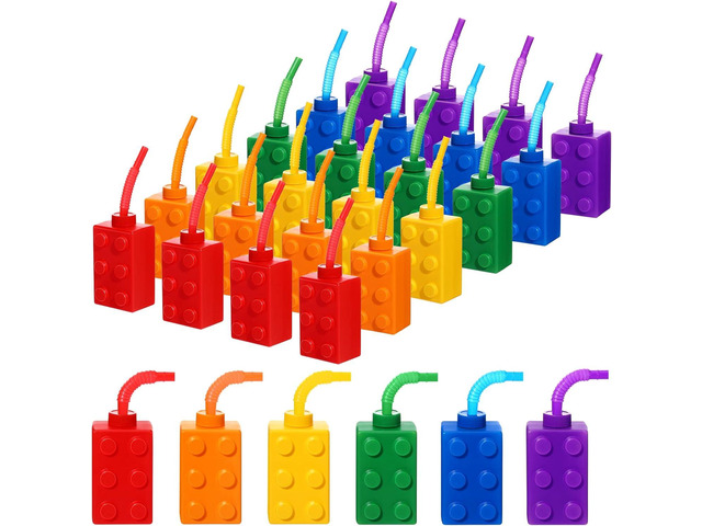 Sawysine 24 Set Building Blocks Cups 10 oz Blocks Reusable Party Favors Cup Plastic Colored Brick Drinking with Lids and Straws for Birthday Party...