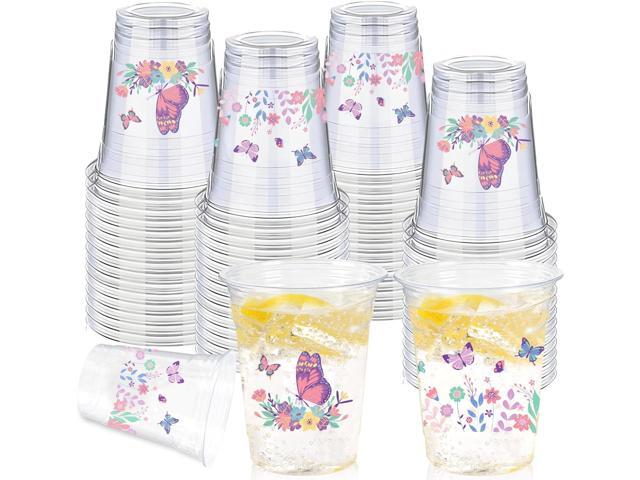 100 Pieces Butterfly Plastic Cups, 12 Oz Butterflies Floral Plastic Clear Disposable Drinking Cups for Spring Summer Party Favor Birthday Wedding...